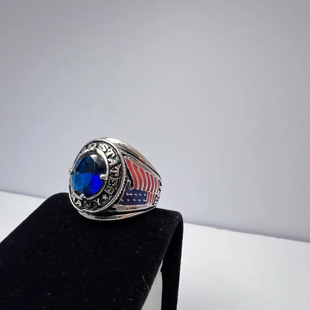 US Navy Ring Mens Size 10 Silver Tone Blue Stone Military American Patriotic